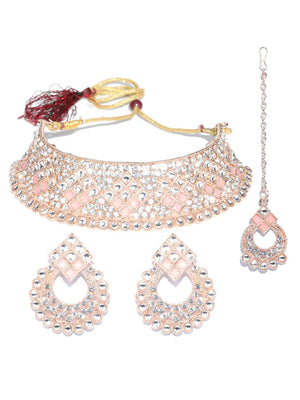 Priyaasi Women Pink Kundan Stones Rose Gold Plated Choker Set with MaangTikka - Distacart