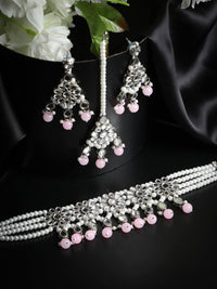 Thumbnail for Priyaasi Women White Pink Silver Plated Choker Set with MaangTikka - Distacart