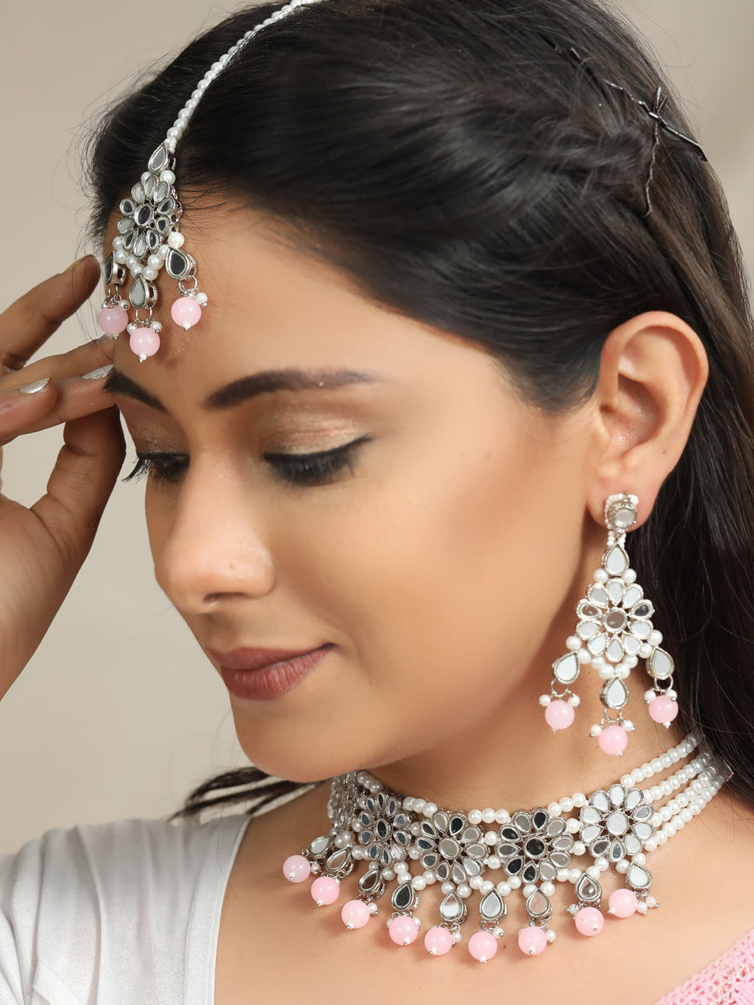 Priyaasi Women White Pink Silver Plated Choker Set with MaangTikka - Distacart