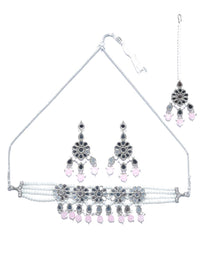 Thumbnail for Priyaasi Women White Pink Silver Plated Choker Set with MaangTikka - Distacart
