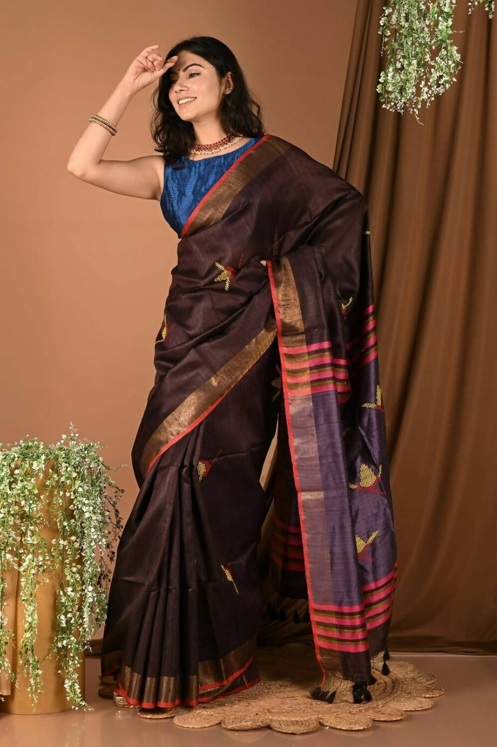 Very Much Indian Handloom Pure Dupion Silk Saree With Sleek Golden Border - Brown - Distacart