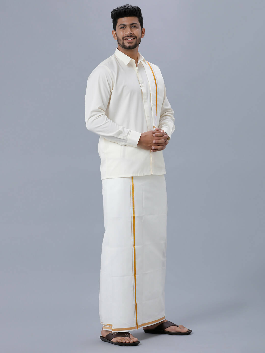 Ramraj Cotton Mens Wedding Set Cream Regular Dhoti, Shirt & Towel Arathi 1/2" - Distacart