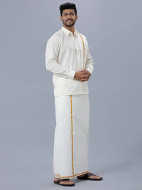 Thumbnail for Ramraj Cotton Mens Wedding Set Cream Regular Dhoti, Shirt & Towel Arathi 1/2
