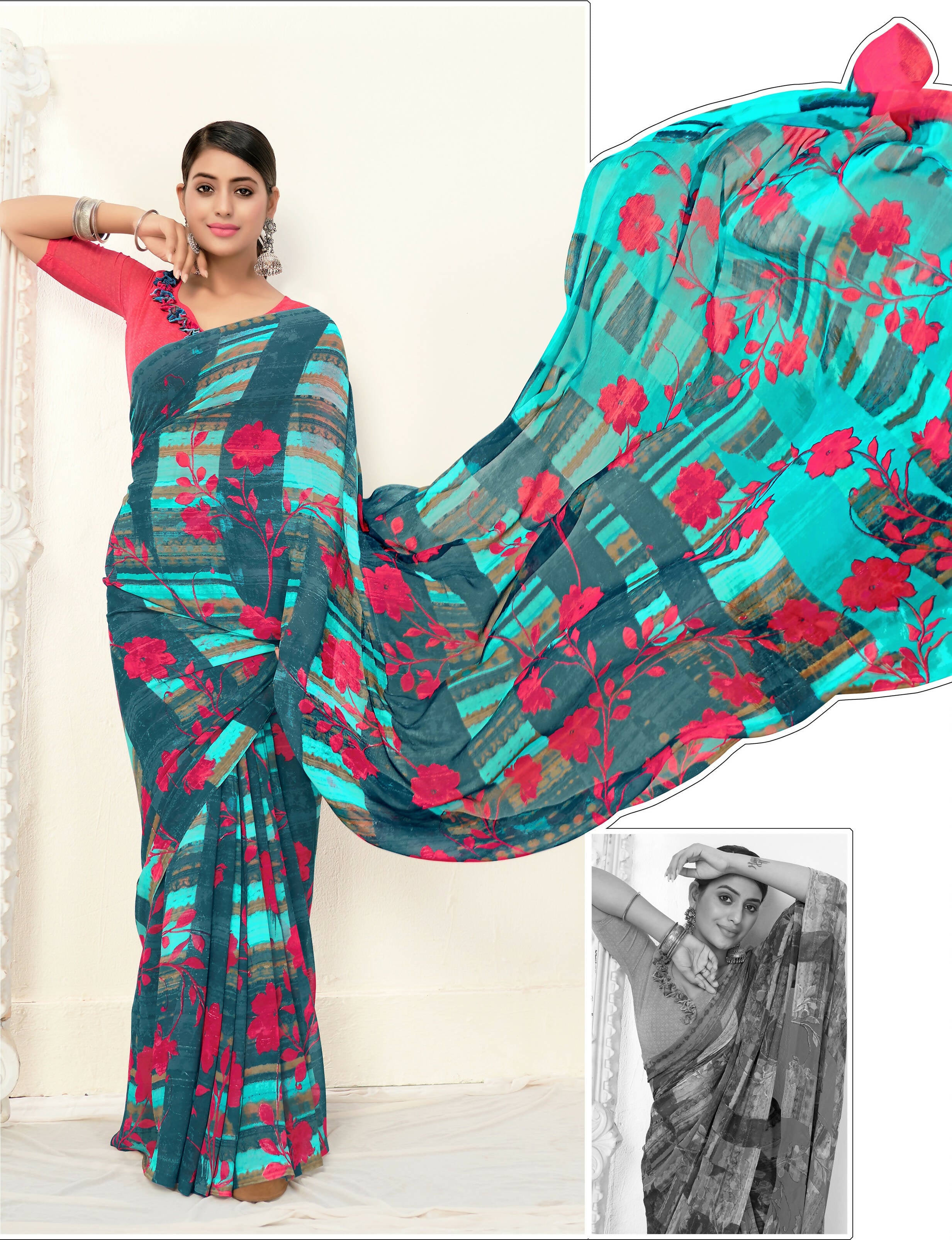 Teal Georgette Floral Printed Saree With Unstitched Blouse Piece - Jyoti - Distacart