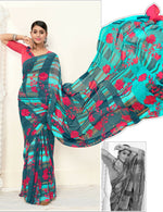 Thumbnail for Teal Georgette Floral Printed Saree With Unstitched Blouse Piece - Jyoti - Distacart