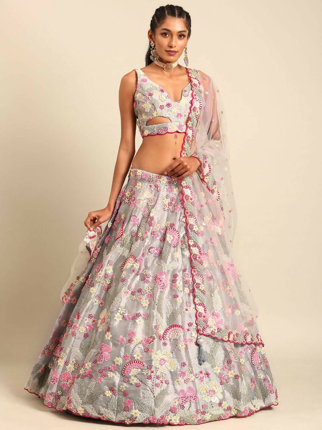 House of Panchhi Grey Organza Sequins and Zarkan embroidery Lehenga choli & Dupatta - Distacart