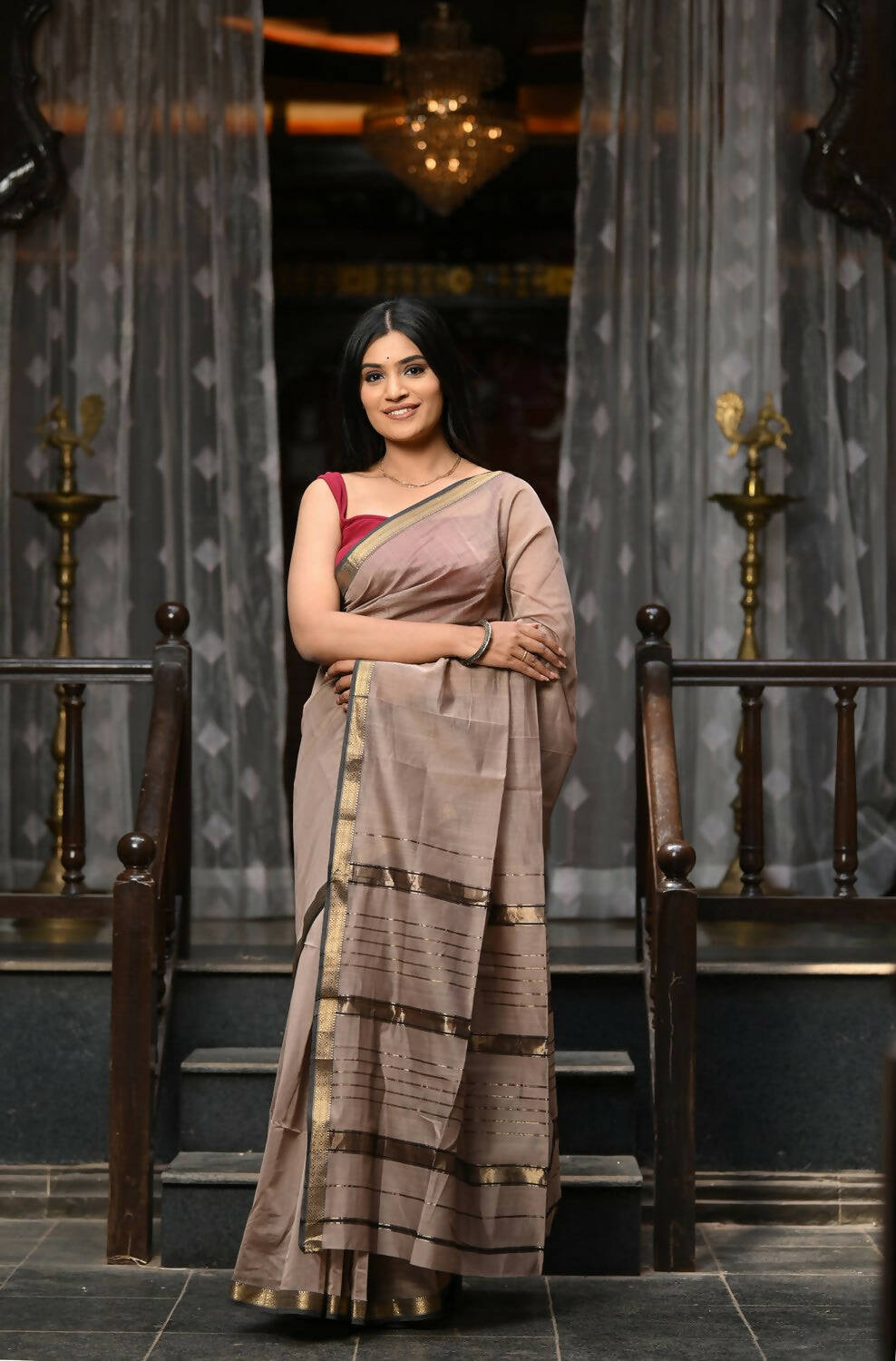 Very Much Indian VMI Exclusive Designer! Handloom Cotton Silk Saree With Sleek Golden Border - Warm Taupe - Distacart