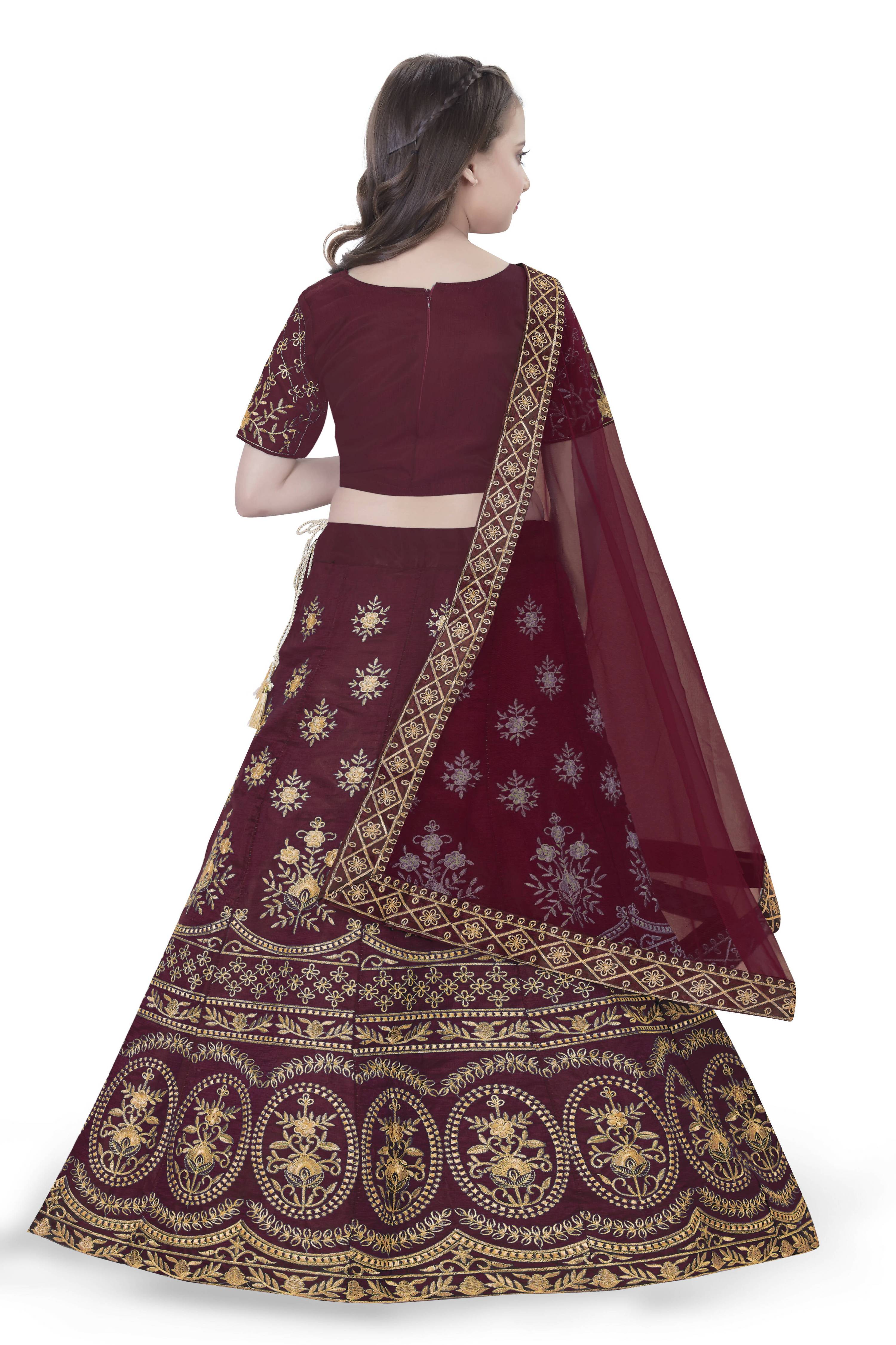 Dwiden Maroon Lehriyu Tafetta Sattin Semi-Stitched Girl's Lehenga Choli - Distacart