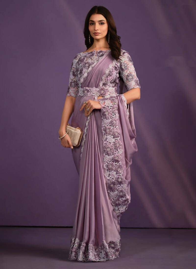 Lavender Crepe Satin Silk Embroidered Saree With Stitched Blouse - Mohmanthan Exotica - Distacart