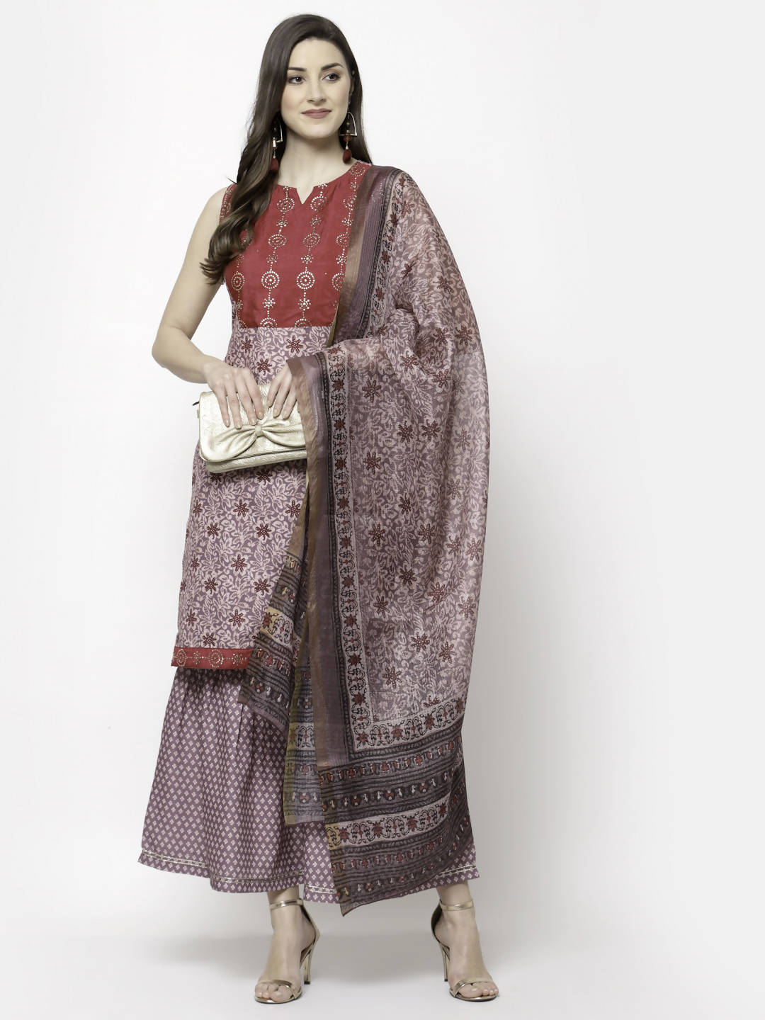 Myshka Multicolor Cotton Blend Printed Sleeveless Round Neck Kurta Palazzo Dupatta Set