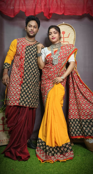 Exclusive Collection Saree With Blouse Piece For Women And Men's Kurta - Yellow - Distacart