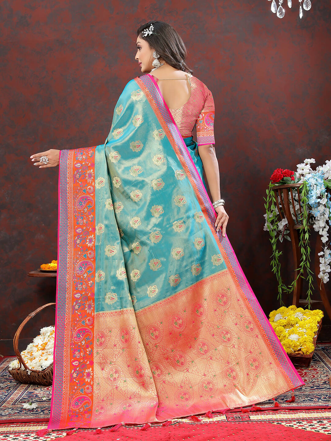 Lorenvalley Fashion Skyblue Kanjivaram Silk Woven Design with Zari Weaving Saree - Distacart