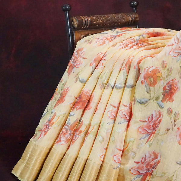 Shades of Wheat with Floral Design Semi Chanderi Saree By Gayathri Reddy Designer Studio - Distacart