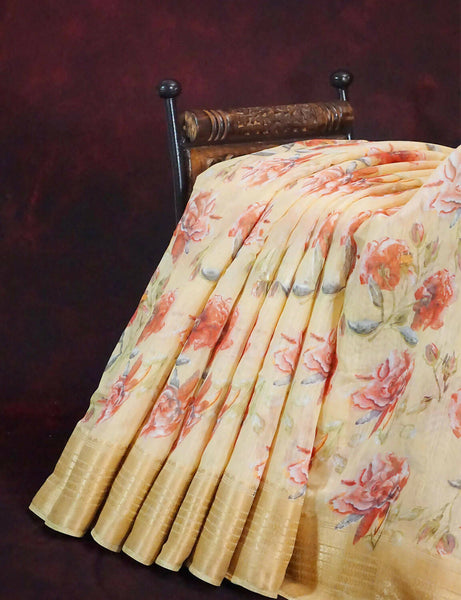 Shades of Wheat with Floral Design Semi Chanderi Saree By Gayathri Reddy Designer Studio - Distacart