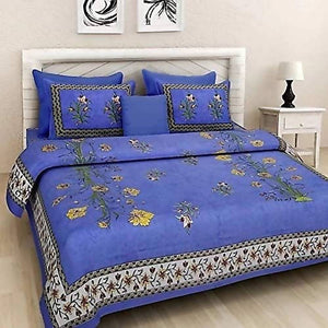 Vamika Printed Cotton Blue Color Bedsheet With Pillow Covers (LEOC_KASH_B) - Distacart