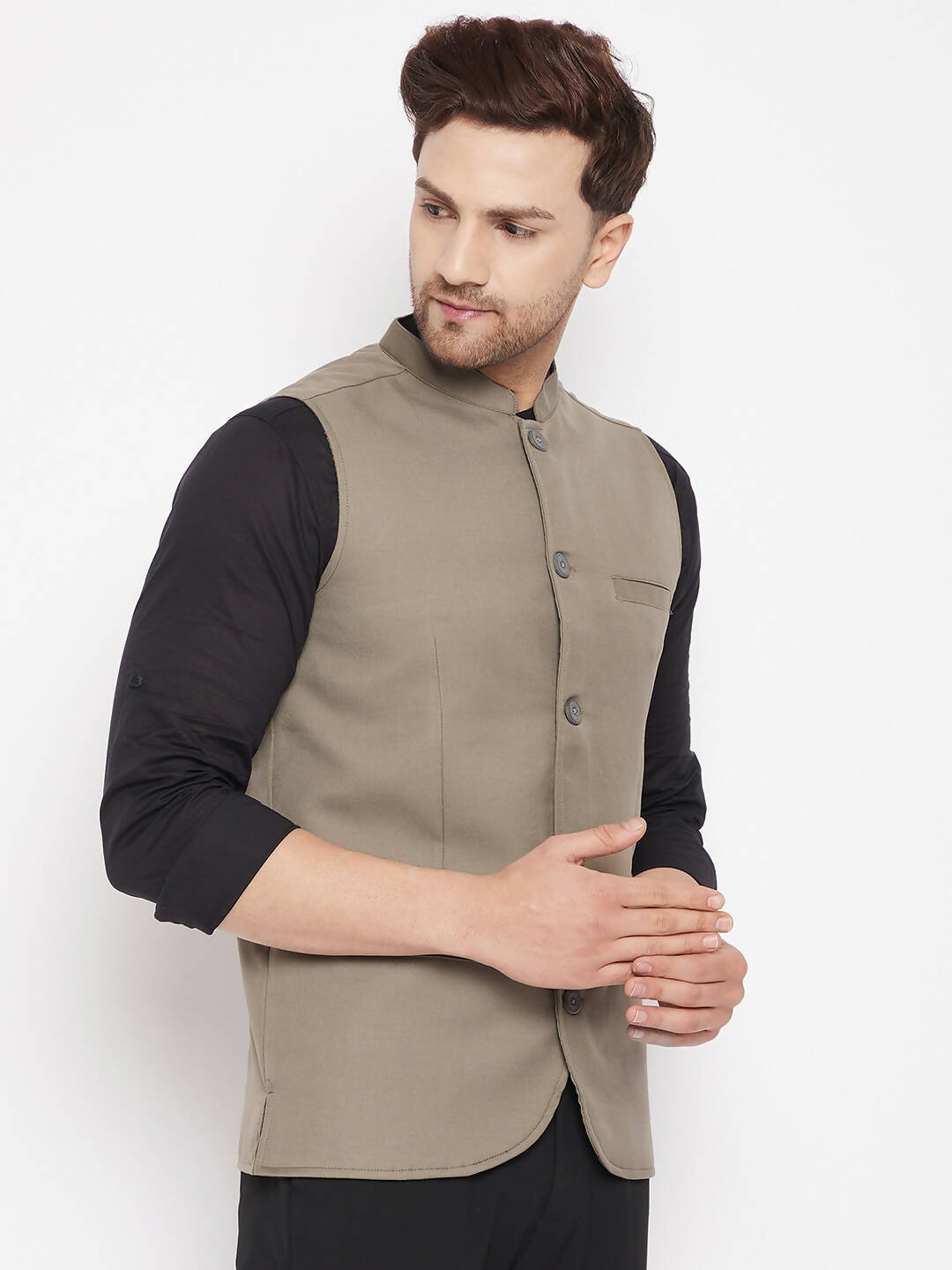 Even Apparels Beige Merino Men Woven Nehru Jacket - Distacart