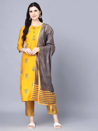Thumbnail for Myshka Women Mustard Yellow Ethnic Motifs Embroidered Panelled Kurti with Trousers With Dupatta - Distacart