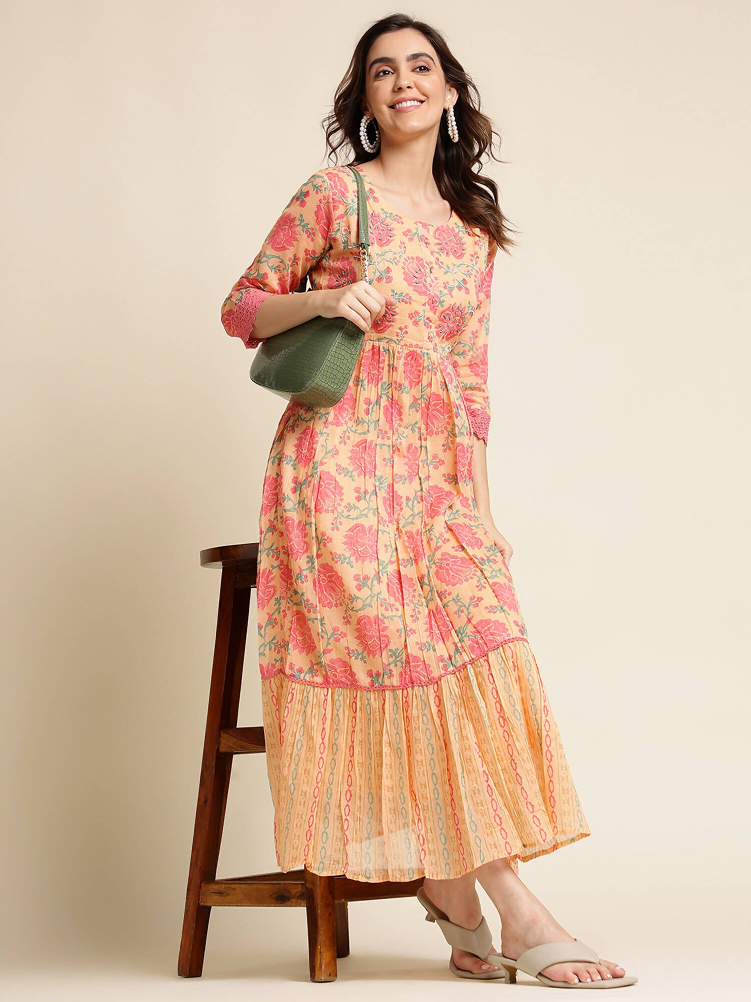 Peach Cotton Floral Printed Fit & Flare Dress - Yukti - Distacart