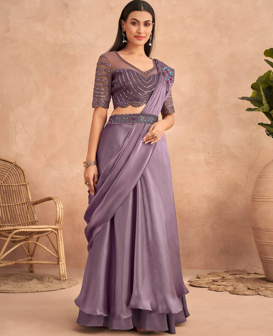 Purple Satin Embroidered Ready To Wear Saree With Unstitched Blouse Piece - Nandika - Distacart