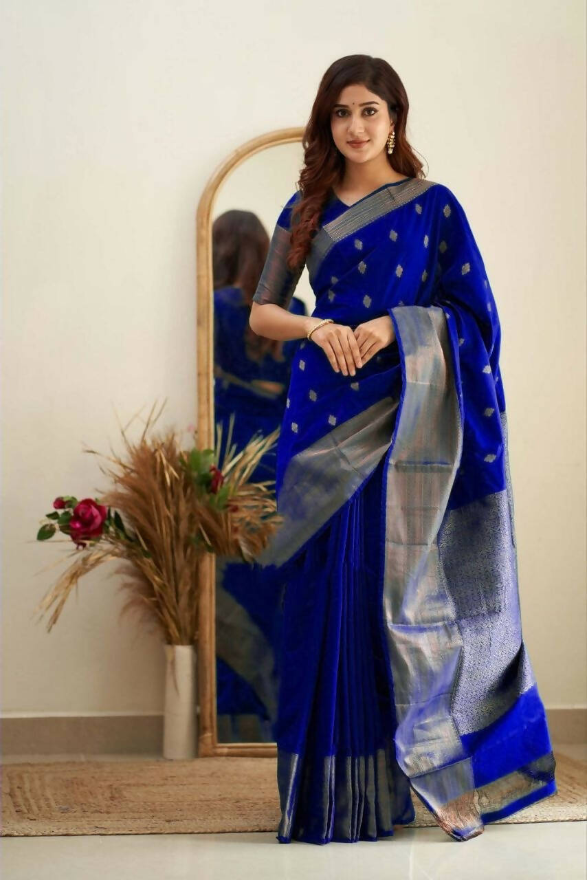 DEIANA'S Beautiful Golden Jari with New Design Soft Lichi Silk Saree - Royal Blue - Distacart