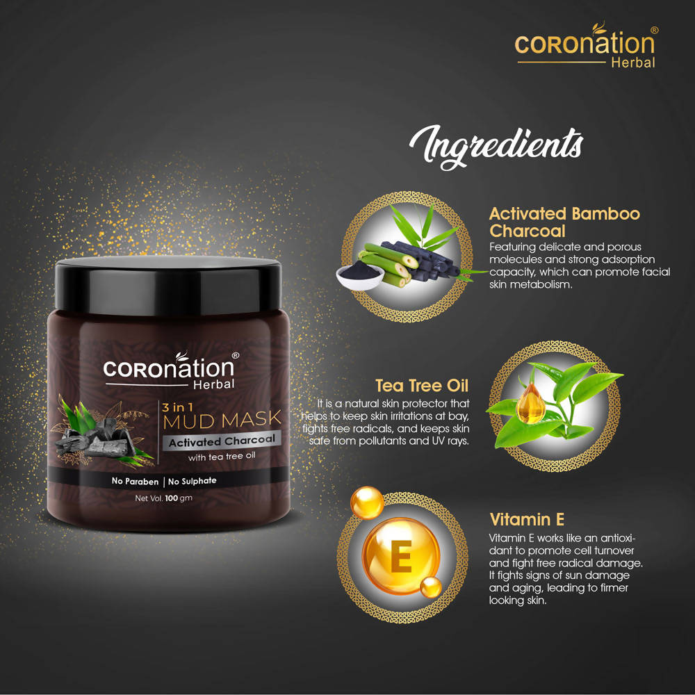 Coronation Herbal Activated Charcoal 3 in 1 Mud Mask with Tea Tree Oil - Distacart