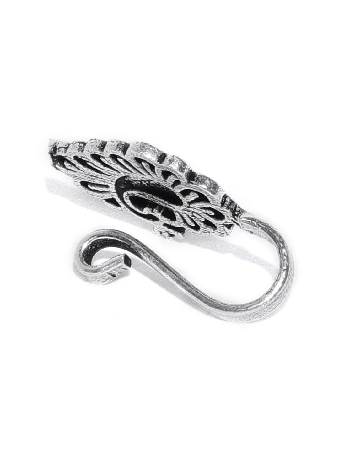 Priyaasi Women Antique Oxidised Silver-Toned Peacock Inspired Free Size Clip-On Nosepin - Distacart