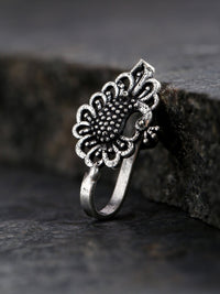 Thumbnail for Priyaasi Women Antique Oxidised Silver-Toned Peacock Inspired Free Size Clip-On Nosepin - Distacart