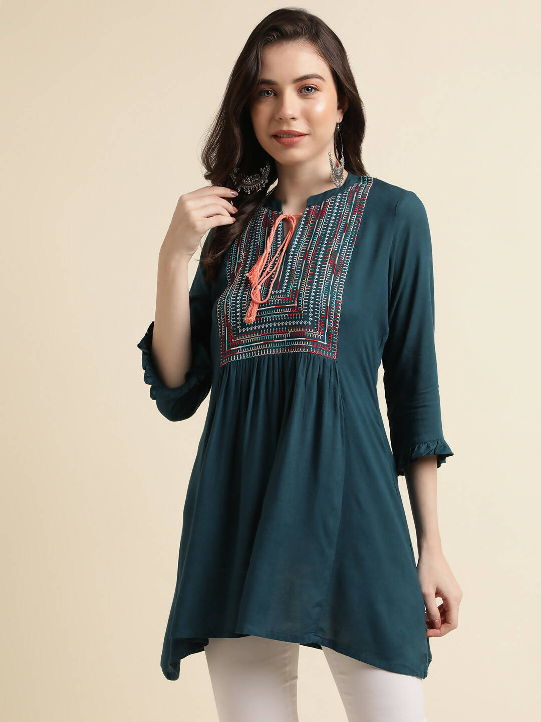 Teal Rayon Yoke Embroidered A-line Top - Tarini - Distacart