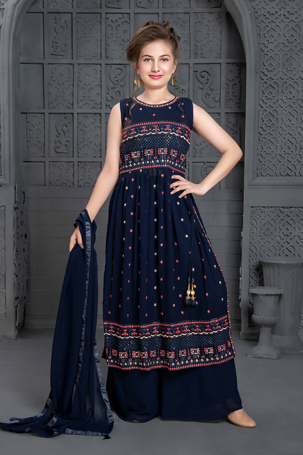 Kids Wedding Designer Navy Blue Georgette Naira Cut Salwar Suit - Aaradhna - Distacart