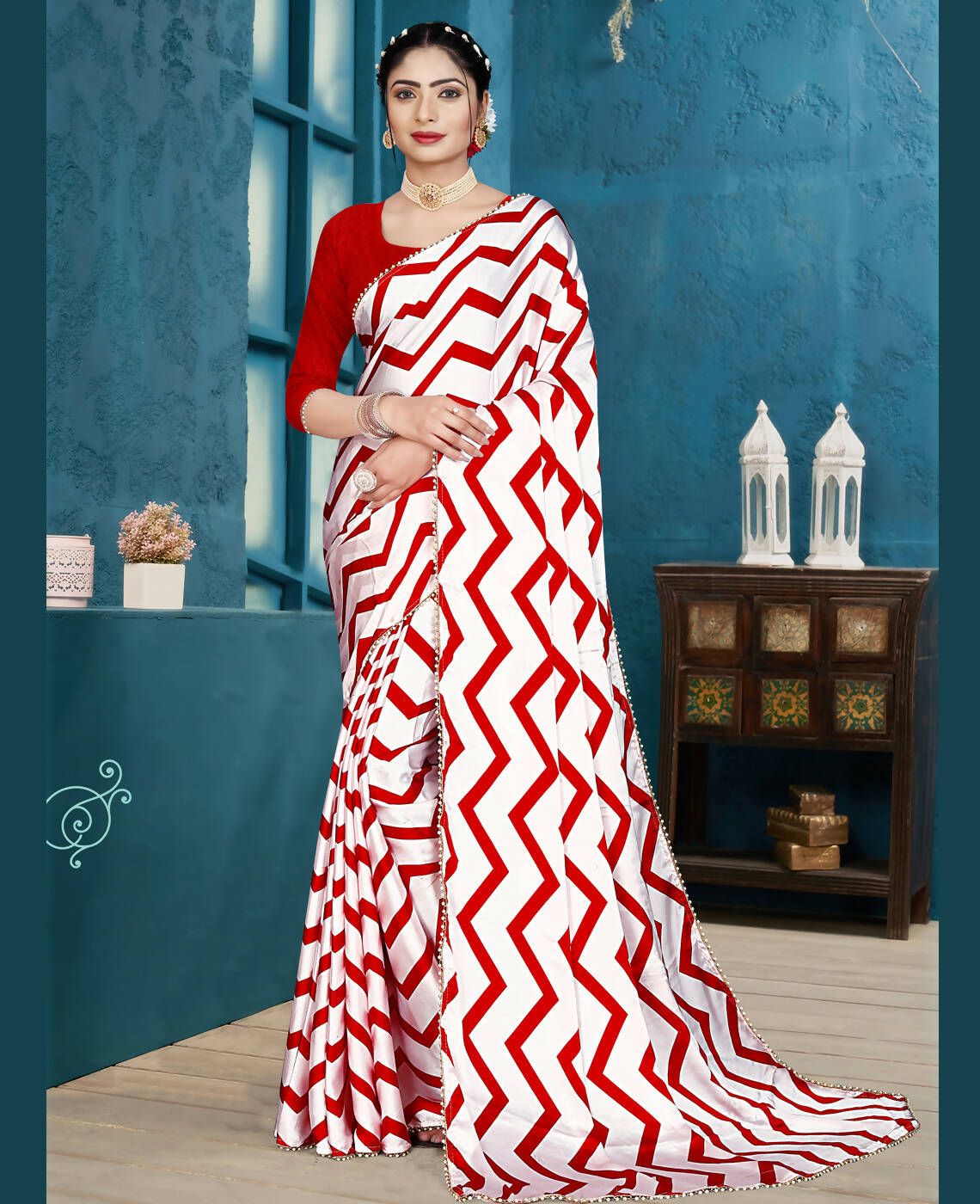 Red Japan Satin Stripe Printed Saree With Unstitched Blouse Piece - Laavanya - Distacart