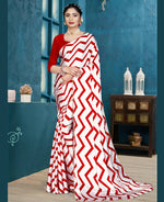 Thumbnail for Red Japan Satin Stripe Printed Saree With Unstitched Blouse Piece - Laavanya - Distacart