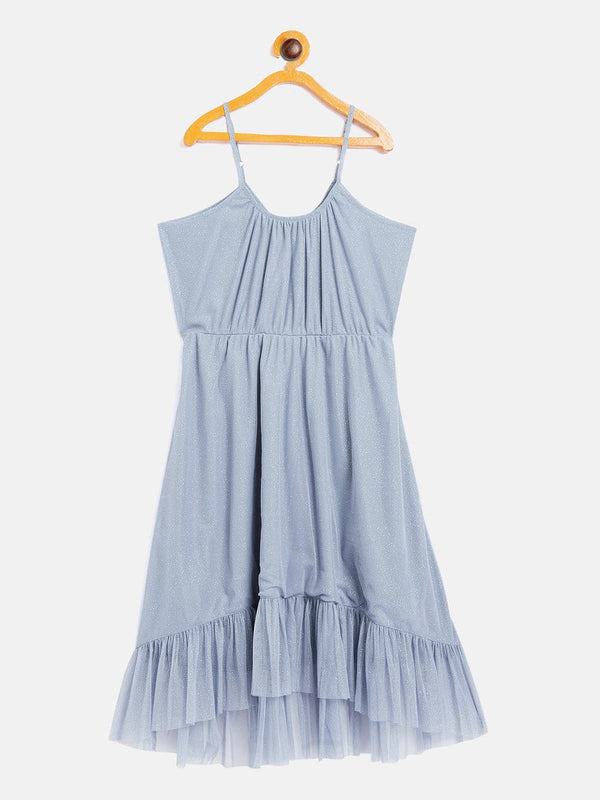 Lyush Blue Mesh Lurex Strappy High Low Dress For Girls - Distacart