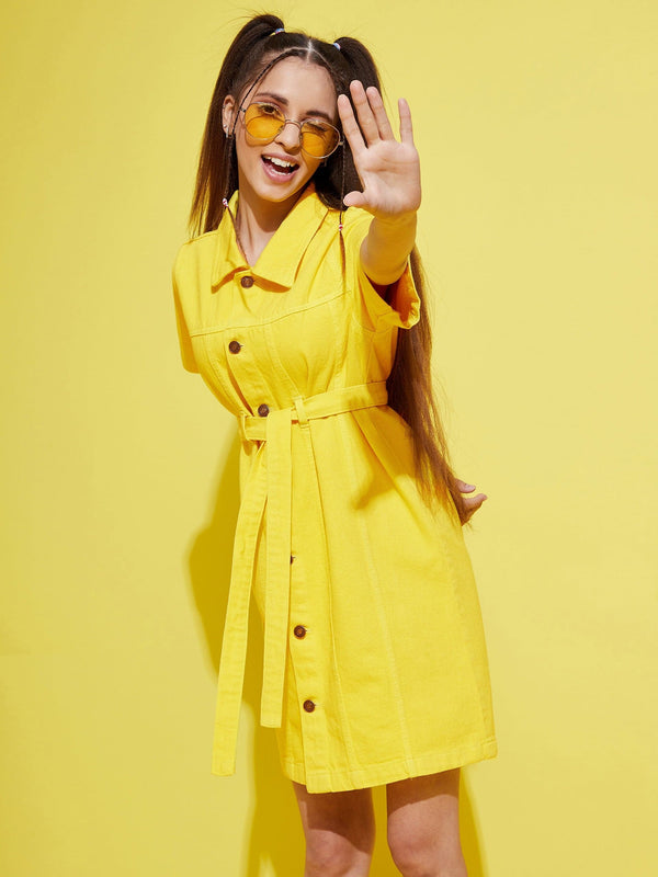 Lyush Yellow Front Button Denim Shirt Dress For Girls - Distacart