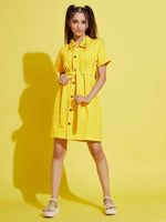 Thumbnail for Lyush Yellow Front Button Denim Shirt Dress For Girls - Distacart