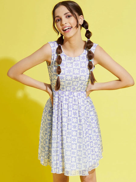 Lyush Blue & White Floral Mesh Gathered Dress For Girls - Distacart