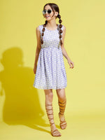 Thumbnail for Lyush Blue & White Floral Mesh Gathered Dress For Girls - Distacart
