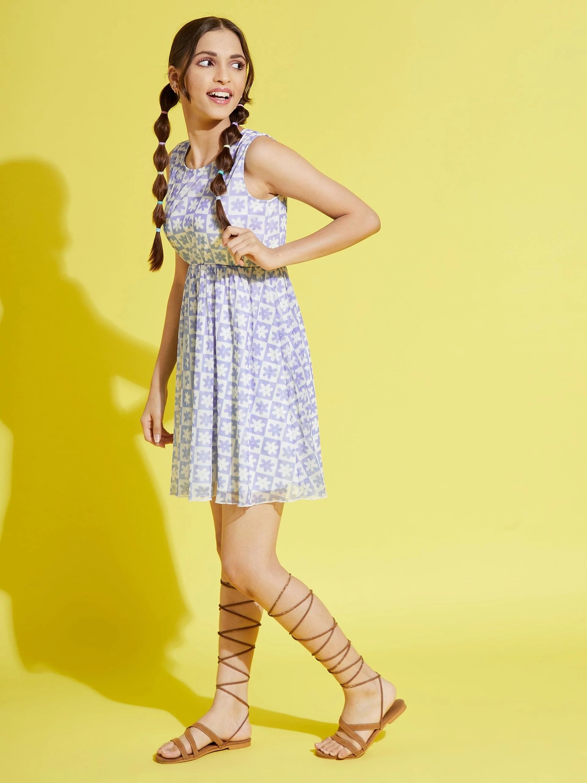 Lyush Blue & White Floral Mesh Gathered Dress For Girls - Distacart