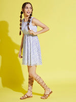 Thumbnail for Lyush Blue & White Floral Mesh Gathered Dress For Girls - Distacart
