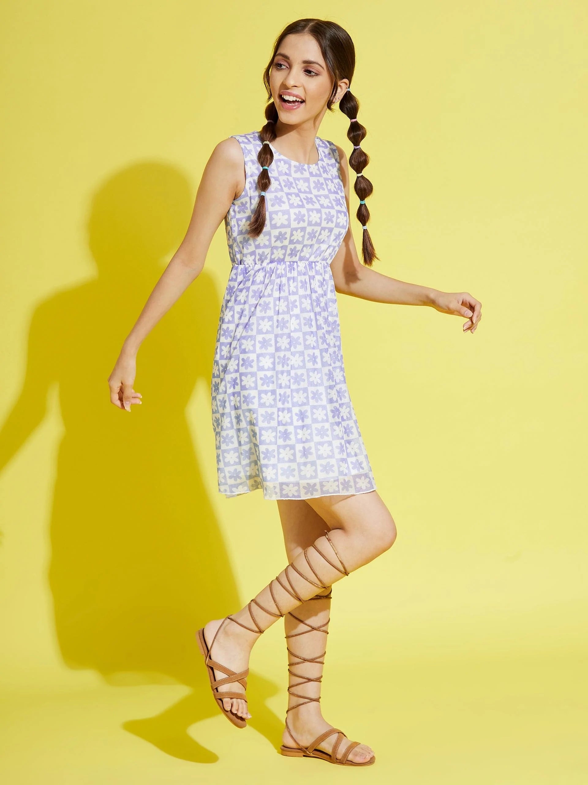 Lyush Blue & White Floral Mesh Gathered Dress For Girls - Distacart