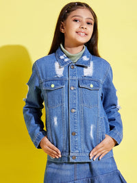 Thumbnail for Lyush Blue Distressed Neon Button Denim Jacket For Girls - Distacart