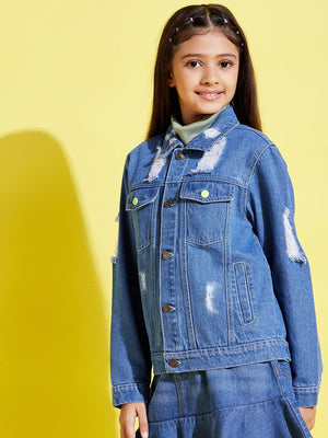 Lyush Blue Distressed Neon Button Denim Jacket For Girls - Distacart