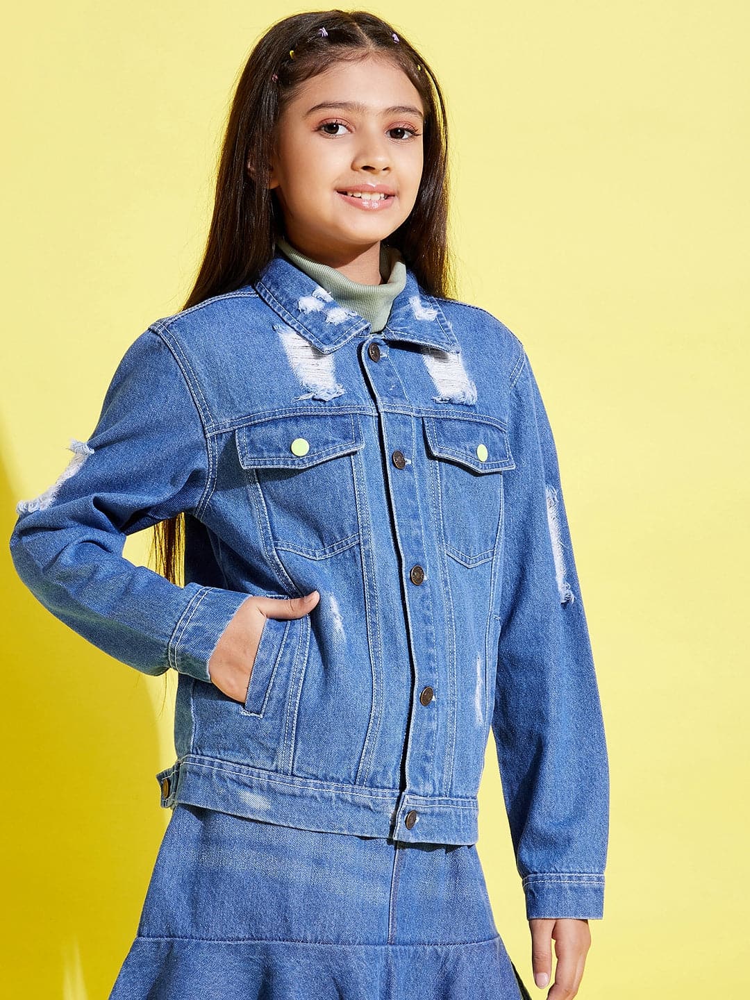 Lyush Blue Distressed Neon Button Denim Jacket For Girls - Distacart
