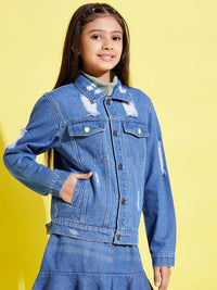 Thumbnail for Lyush Blue Distressed Neon Button Denim Jacket For Girls - Distacart