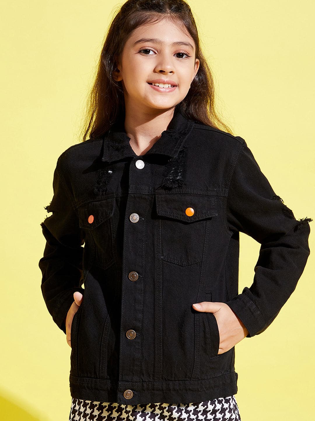 Lyush Black Distressed Neon Button Denim Jacket For Girls - Distacart