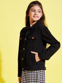 Thumbnail for Lyush Black Distressed Neon Button Denim Jacket For Girls - Distacart