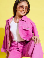 Thumbnail for Lyush Pink Raw Hem Denim Crop Jacket For Girls - Distacart