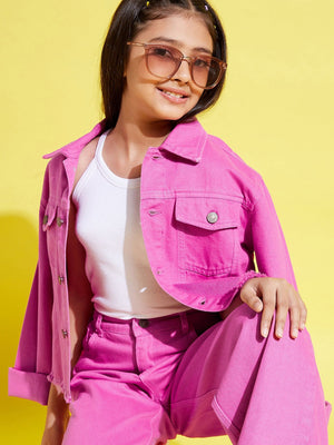Lyush Pink Raw Hem Denim Crop Jacket For Girls - Distacart