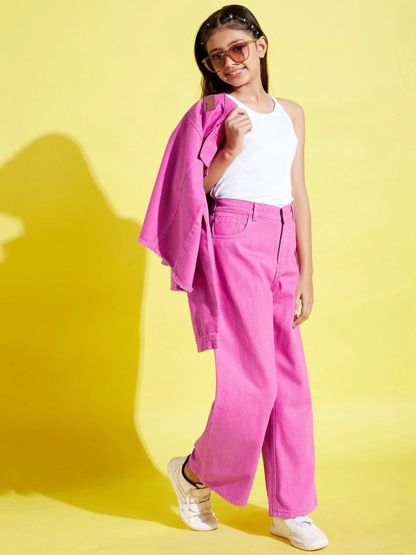 Lyush Pink Raw Hem Denim Crop Jacket For Girls - Distacart