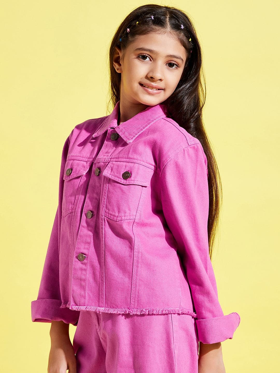 Lyush Pink Raw Hem Denim Crop Jacket For Girls - Distacart