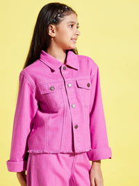 Thumbnail for Lyush Pink Raw Hem Denim Crop Jacket For Girls - Distacart